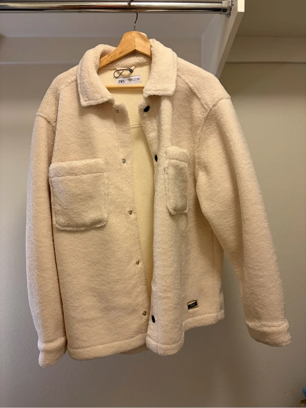 Zara Double Pocket Cream Sherpa Shirt Jacket